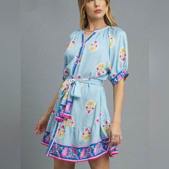 Umgee Floral Print Tie Waist Short Sleeve Dress Blue Dress sz Medium - Picture 6 of 7